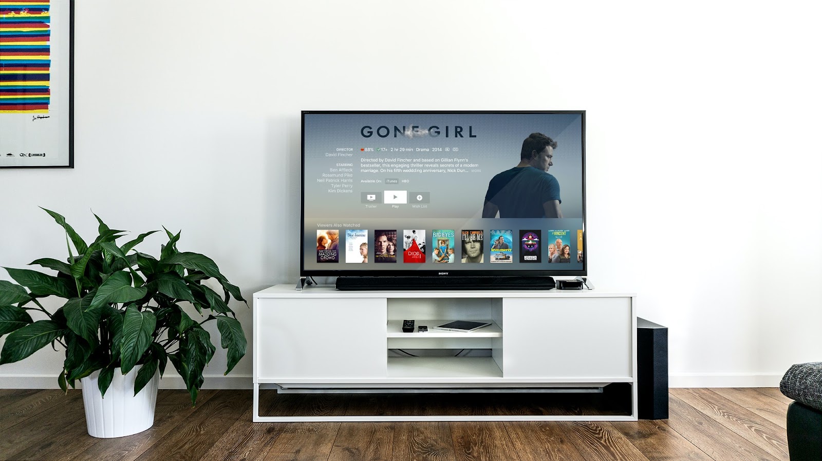 Receiver linked to a smart TV, speakers wired throughout